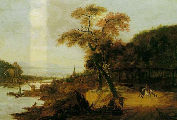 Jacob van der Does Landscape along a river with horsemen, possibly the Rhine. Norge oil painting art